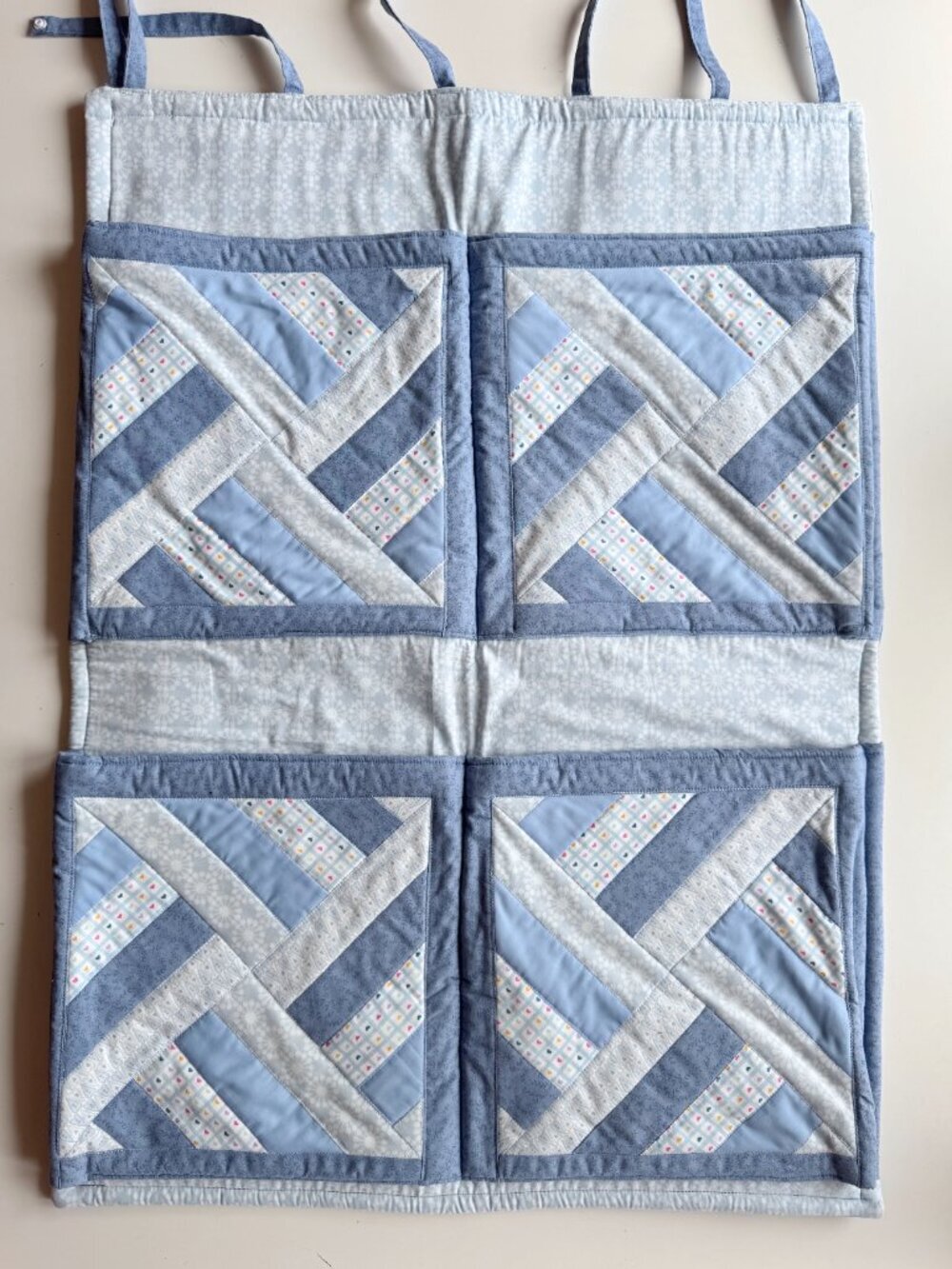 Handmade White Blue Floral Heart Spinning Ribbons Quilted Wall Hanging Organizer